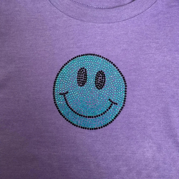 Girls Handmade Purple Smiley Face Rhinestone Short Sleeve Tee Shirt Size 3T - Picture 3 of 3